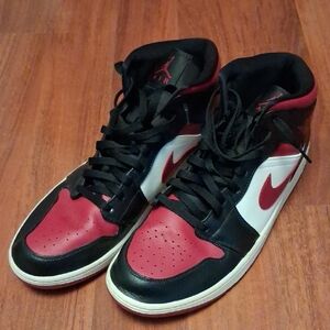 Men's Jordan 1 Mid Black, Red, and White Sneakers Size 15